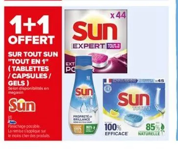 sur tout sun "tout en 1" (tablettes /capsules/ gels)  selon disponibilités en magasin  sun  panachage possible la remise s'applique sur  le moins cher des produits.  ext  pc  sun  propreté brillance  