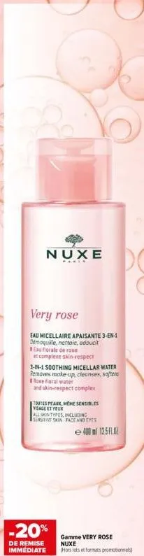 nuxe  very rose  eau micellaire apaisante 3-en-1 demaquille, nettoie, adoucit eau florale de rose  at complexe skin-respect  3-in-1 soothing micellar water removes make-up, cleanses, softens  rose flo