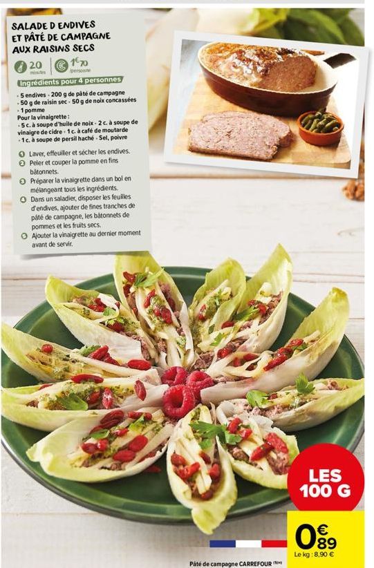 SALADE D ENDIVES ET PÂTÉ DE CAMPAGNE  AUX RAISINS SECS 020  1€70  minutes  personne  Ingrédients pour 4 personnes  -5 endives- 200 g de páté de campagne 50 g de raisin sec - 50 g de noix concassées . 