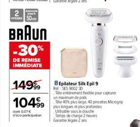 2 VITESSES 50min  BRAUN -30%  DE REMISE IMMÉDIATE  14999  104.⁹9  dont 0,07 € d'éco-participation  8 Epilateur Silk Epil 9 Ref.: SES 9002 30  Tête entièrement flexible pour capturer  un maximum de poi