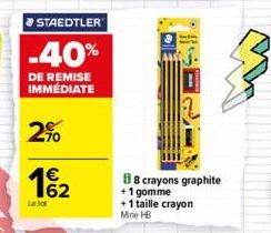 STAEDTLER  -40%  DE REMISE IMMÉDIATE  2%  1€  62  Le lot  88 crayons graphite  +1 gomme  + 1 taille crayon Mine HB 