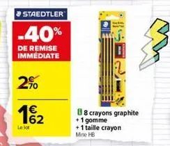 staedtler  -40%  de remise immédiate  2%  1€  62  le lot  88 crayons graphite  +1 gomme  + 1 taille crayon mine hb 
