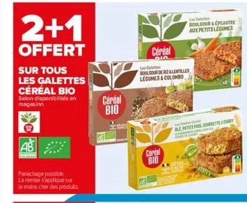 2+1  offert  sur tous  les galettes céréal bio  selon disponibilités en magasinn  ab  emerit  panachage possible.  la remise s'applique sur le moins cher des produits.  céréal bio  -h  la calet boulco