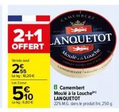 2+1  offert  vendu soul  25  le kg: 10,20 € les 3 pour  5%  le kg:6.80 €  camembert  lanquetot  moule  louche  b camembert moulé à la louche  lanquetot 22% m.g. dans le produit fini, 250 g 