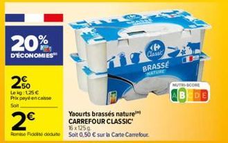 20%  D'ÉCONOMIES  2%  Lekg: 1.25 € Prix payé en conse Soit  2€  Yaourts brassés nature CARREFOUR CLASSIC 16 x 125g  Romi Fido dedut Soit 0,50 € sur la Carte Carrefour.  <B> Classe  BRASSE  NATURE  NUT