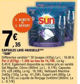 NOVA  30  1 ACHETE SUN  9  1 OFFERT  OPTIMUM  YOULI  ,35  CAPSULES LAVE-VAISSELLE(²3) "SUN"  Différentes variétés 30 lavages (435g) Le L: 16,90 €. Par 2 (870g): 7,35€ au lieu de 14,70€. Le kg: 8,45 €.