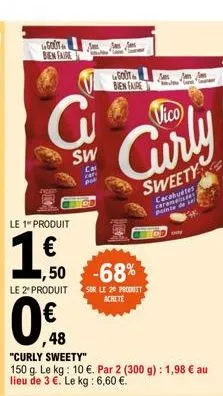 le 1 produit  ,50  le 2º produit  gout bien faire  g  sw  ca kar por  tod  gout bien faire  curly  sweety  -68%  sur le 20 produit achete  ,48  "curly sweety"  150 g. le kg: 10 €. par 2 (300 g) : 1,98