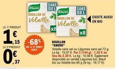 le 1 produit  1,15  le 2* produit  0.7  ,37  -68%  sur le 29 produit  sans  sel  x8  knorr  knorr  bouillon de  volaille bouillon de volaille  bouillon "knorr"  sans  sel  x8  volaille sans sel ou lég