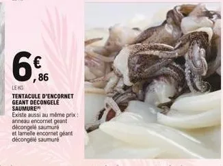,86  lekg  tentacule d'encornet geant decongelé saumure  existe aussi au même prix: anneau encornet geant décongelé saumuré et lamelle encornet géant décongélé saumuré 