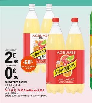 LE PRODUIT  2€  1,99 -6  LE 2 PRODUIT  0%  0,⁹6  -68%A  SO LE 2 PRET,  ACHETE  SCHWEPPES AGRUM 2x 1,5 L (3 L). Le L: 1€  Par 2 (6 L): 3,95 € au lieu de 5,98 € LeL: 0,66 €  Existe aussi au même prix: z