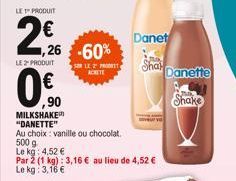 LE PRODUIT  2€  1,26 -60%  LE 2" PRODUIT  0.0  ,90  SERLE 2" PRODUIT ACHETE  MILKSHAKE "DANETTE"  Au choix: vanille ou chocolat. 500 g  Le kg: 4,52 €  Par 2 (1 kg): 3,16 € au lieu de 4,52 €  Le kg: 3,