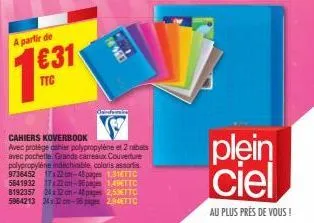 a partir de  1  €31  ttc  ford  ma  cahiers koverbook avec protège dahier polypropylène et 2 rabats avec pochette grands carreaux couverture polypropylène indéchiable, coloris assortis 9736452 17x22 c