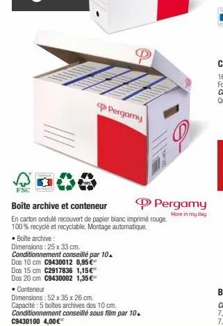 fsc  pergomy  boîte archive et conteneur  en carton ondulé recouvert de papier blanc imprimé rouge. 100% recyclé et recyclable. montage automatique.  • boîte archive:  dimensions: 25 x 33 cm. conditio