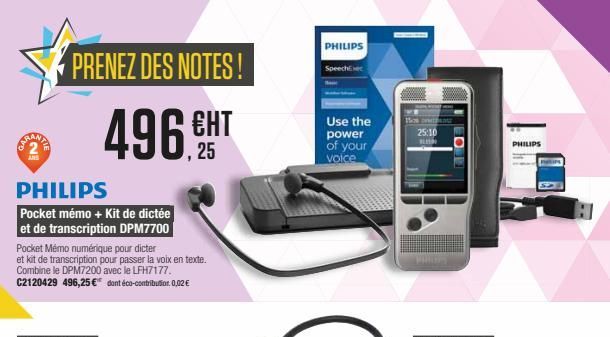 PRENEZ DES NOTES!  496.  PHILIPS  Pocket mémo + Kit de dictée et de transcription DPM7700  Pocket Mémo numérique pour dicter  et kit de transcription pour passer la voix en texte. Combine le DPM7200 a