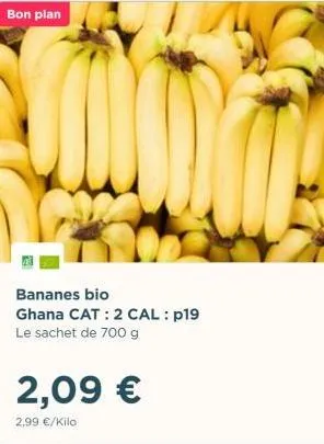 bon plan  bananes bio  ghana cat: 2 cal: p19 le sachet de 700 g  2,09 €  2,99 €/kilo  