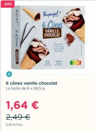 -34%  trupargel  toupargel  6 cônes  vanille chocolat  1,64 € 2,49 €  3,93 €/kilo  any  720  6 cônes vanille chocolat la boîte de 6 x 69,5 g 