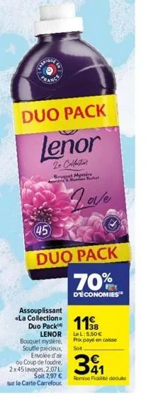 carrigues  duo pack  lenor  2+ collection  a&  assouplissant «la collection  duo pack  lenor bouquet mystère, souffle précieux, envolée d'air ou coup de foudre, 2x45 lavages, 2,07 l  soit 7,97 €  sur 