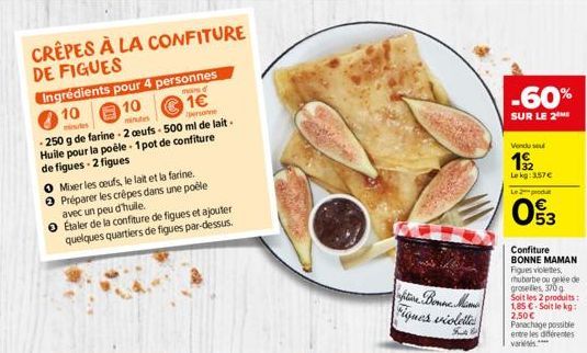 CRÊPES À LA CONFITURE DE FIGUES  Ingrédients pour 4 personnes  mans d  10  1€  10  minutes  personne  250 g de farine-2 ceufs - 500 ml de lait. Huile pour la poêle - 1 pot de confiture de figues - 2 f