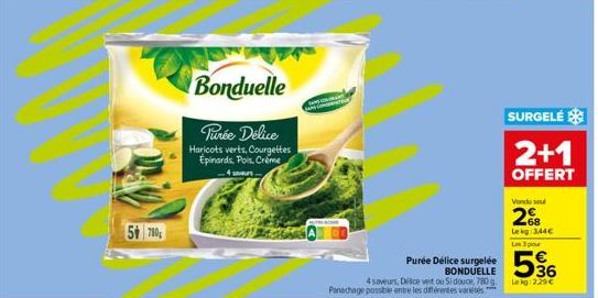 5 780  Bonduelle  Purée Délice Haricots verts, Courgettes Épinards, Pois. Creme  4.  D ANGGOT  Purée Délice surgelée BONDUELLE 4saveurs, Dilce vet ou Si douce, 780 g Panachage possible entre les difer