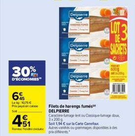 30%  D'ÉCONOMIES  6  Leig:10.75 €  Prix payé encaisse  Sot  451  Rombe Fidute  Detpierre  Delpierre  Delpierre  Filets de harengs fumés DELPIERRE  G  DE-SACHETS  MONT 600g 200  