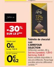 Safet  Vendu seul  0⁹9  Lekg: 1113 €  Le 2 produt  0%2  -30%  SUR LE 2  72%  CACAO NOIR  Tablette de chocolat noir CARREFOUR  SELECTION  Différentes variétés, 80 g. Soit les 2 produits: 1,51 €-Soit le