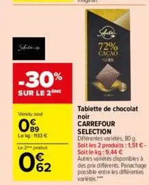 safet  vendu seul  0⁹9  lekg: 1113 €  le 2 produt  0%2  -30%  sur le 2  72%  cacao noir  tablette de chocolat noir carrefour  selection  différentes variétés, 80 g. soit les 2 produits: 1,51 €-soit le