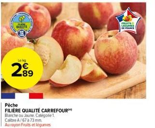 PURPL  QUALITE  Le kg  €  Pêche  FILIÈRE QUALITÉ CARREFOUR Blanche ou Jaune. Catégorie 1. Calibre A/67 à 73 mm. Au rayon Fruits et légumes  FRUITS SECUES DE FRANCE 