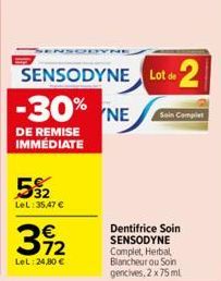 592  LeL:35,47 €  39₂2  LeL: 24,80 €  (ODYN  SENSODYNE Lot de  -30% NE  DE REMISE IMMÉDIATE  2  Soin Complet  Dentifrice Soin SENSODYNE Complet, Herbal Blancheur ou Soin gencives, 2 x 75 ml 