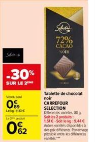 Sitho  -30%  SUR LE 2  Vendu seul  09  Lekg: 10€  L2produ  062  72%  CACAO  NOIR  Tablette de chocolat noir  CARREFOUR  SELECTION Différentes variétés, 80 g Soit les 2 produit: 1,51 € Soit le kg:9,44 