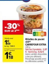 -30%  SUR LE 2  Vendu sou  199  Le kg: 268 €  Le 2 produt  1⁹18  MUTRI-SCORE  Rillettes de poulet roti CARREFOUR EXTRA  220 g Soit les 2 produits: 2.87 €-Soit le kg: 6,52 € Autres variétés disponibles