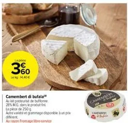 la pièce  3%  lokg: 14.40 €  camembert di bufala  au lait pasteurisé de buffonne 29% mg dans le produit fin la pièce de 250 g  autre variété et grammage disponible à un prix différent  au rayon fromag