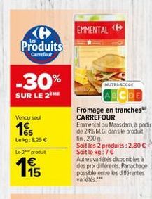 Produits  Carrefour  -30%  SUR LE 2 ME  Vendu seul  15  Lekg: 8.25 €  Le 2 produ  195  EMMENTAL  NUTRI-SCCRE  Fromage en tranches CARREFOUR  Emmental ou Maasdam, à partir de 24% MG. dans le produit fi