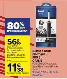 80%  d'économies™  56%  dont 0,07 € d'éco-participation la brosse à dents electrique lunite: 56.90 € prix payé en caisse soit  oral-b  118  pure clean, cross action, sensi ultra thin ou minnie  junior