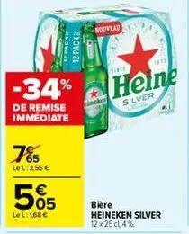-34%  de remise immédiate  7%  le l: 2,55 €  505  lel: 168 €  12 pack  nouveau  since  www  heine  silver  bière heineken silver 12x25 cl 4% 