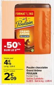 FORMAT 1,1KG  -50%  SUR LE 2  Leig: 3,81 €  L2produ  Poulain  GRAND AROME  32:CACÃO  09  Poudre chocolatée Grand Arôme  POULAIN  Format 13 kg  Soltles 2 produits:  6.28 €-Soit le kg: 2,85 € 