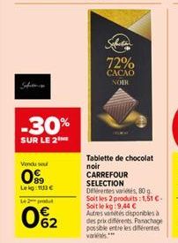 -30%  SUR LE 2  Vendu sou  09  Lekg: 113 € L2produt  0%₂2  72%  CACAO NOIR  Tablette de chocolat noir CARREFOUR  SELECTION  DEérentes variés, 80 g. Soit les 2 produits: 1,51 € Soit le kg:9,44 € Autres