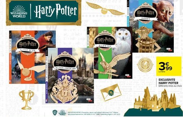 TOVIF D'OR  WIZARDING WORLD  Harry Potter  LVIF D'OR  BLASON POUDLARD  BAGAY  Harry Potter  BLASON POUDLARD  MONG WO  DEAGER  dindin  Harry Potter  HEDWIGE  BOBBY  Harry Potter  DOBBY  000  399  Le Br