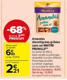 -68%  SUR LE 2 ME PRODUIT  Vendu seul Le sachet  6%  Lokg: 1725 €  Le 2 produ  221  PRUNILLE  Amandes  grillies sans zel  Ferme  Amandes décortiquées grillées sans sel MAITRE PRUNILLE  Le sachet de 40