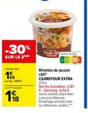 -30%  SUR LE 2  Vendo su  199  Leg: 768 €  Ln2 grou  1⁹8  Rillettes de poulet roti CARREFOUR EXTRA 2209 Soitles 2 produits:2.87 C-Soit le kg: 6,52 € Autres vetes disponibles à des prix différents Pana