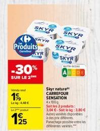 Produits Carrefour KYR  -30%  SUR LE 2  Vindu se  199  Lekg: 4,40€  SKYR  SKYR  L2produ  € 125  SKYR SKYR  the  SKYR  M-SCORE  Skyr nature CARREFOUR  SENSATION  4x1000  Soit les 2 produits: 3,04 €-Soi