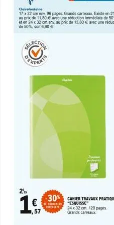 €  1,57  fra  reduction eneriate  prohve  -30% cahier travaux pratiques  "esquisse"  24 x 32 cm. 120 pages.  grands carreaux 