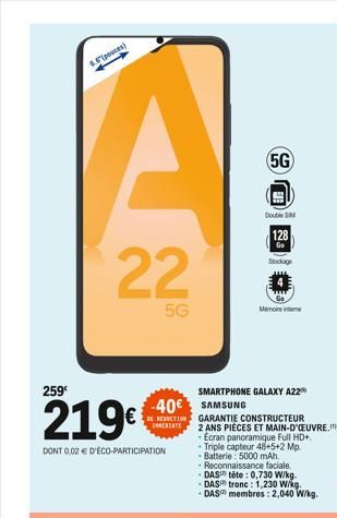 259  4.6 pouces)  219€  DONT 0.02 € D'ÉCO-PARTICIPATION  22  5G  -40€ SAMSUNG  REDUCTION ENERIATE  5G  Double SIM  128  Ge  SMARTPHONE GALAXY A22  Stockage  Mimoine intere  GARANTIE CONSTRUCTEUR  2 AN