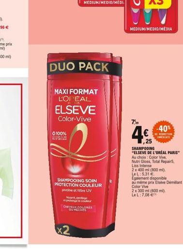 Ⓒ100%  2  DUO PACK  MAXI FORMAT L'OPEAL  ELSEVE Color-Vive  Noutro  et plonge in couleur  CHEVEUX COLORES OU MÈCHES  SHAMPOOING SOIN PROTECTION COULEUR pivoine et filtre UV  7%  MEDIUM/MEDIO/MEDIA  -4