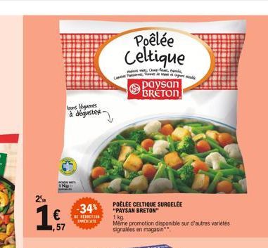 PHOT  25  1€  ,57  ons légumes à déguster- -34%  E REDUCTION INPERIATE  Poêlée Celtique  papices werks, Chap-fours, B  POÊLÉE CELTIQUE SURGELÉE "PAYSAN BRETON"  paysan BRETON  1 kg.  Même promotion di