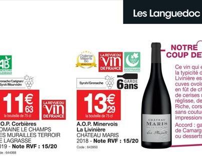 11€€€  888  la bouteille de 75 cl  LA REVUE DU  63 Vin  DE FRANCE  A.O.P. Corbières DOMAINE LE CHAMPS DES MURAILLES TERROIR DE LAGRASSE 2019-Note RVF: 15/20 Code: 644068  Puderge  LA REVUE DU  Vin  DE