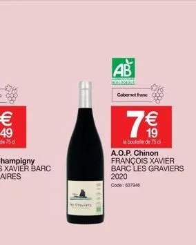 49  88  --  ab  quitet tolosions cabernet franc  76  la bouteille de 75 cl  €  a.o.p. chinon françois xavier barc les graviers 2020 code:637946  19 