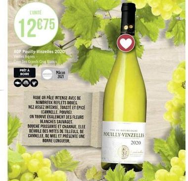 L'UNITE  12675  AOP Pouilly-Vinzelles 2020  Villes Vignes  Care Des Grands Crus Blancs  PRÊT À  SOIRE  ABORIG  Micon  2021  ROBE OR PALE INTENSE AVEC DE NOMBREUX REFLETS DORES.  NEZ ASSEZ INTENSE, TOA