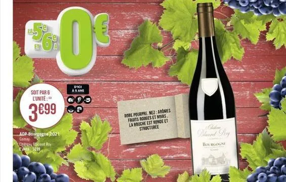 $0€  soit par 6 l'unité:  3€99  aop bourgogne 2021 gamay chateau baceret roy comité se99  d'ici à 5 ans  robe pourpre. nez: aromes fruits rouges et noirs. la bouche est ronde et structuree  blavered p