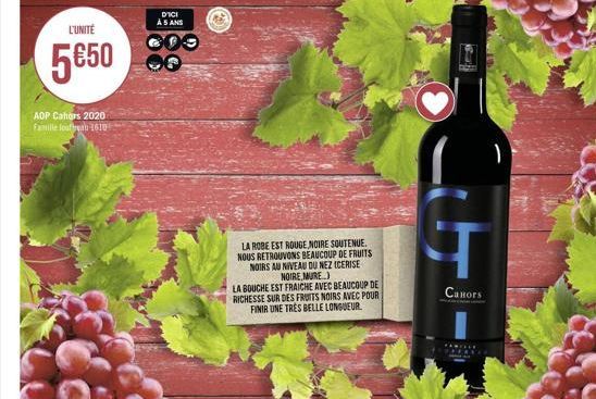 L'UNITÉ  5€50  AOP Cahors 2020 Famille loufresu 1610  D'ICI  AS ANS  LA ROBE EST ROUGE NOIRE SOUTENUE. NOUS RETROUVONS BEAUCOUP DE FRUITS NOIRS AU NIVEAU DU NEZ ICERISE NOIRE MURE)  LA BOUCHE EST FRAI