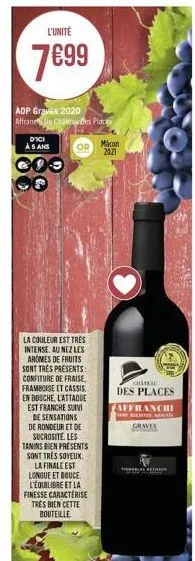 l'unité  7€99  dici à 5 ans  adp graves 2020 affranen du chateau des places  or  la couleur est très intense. au nez les aromes de fruits sont très presents: confiture de fraise, framboise et cassis. 